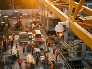 Witte beveiligingscamera op gele kraanarm bewaakt bouwplaats met arbeiders in helmen tijdens gouden uur