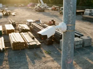 Witte beveiligingscamera met rode opnamelamp op stalen paal bewaakt bouwmaterialen op bouwplaats bij zonsondergang