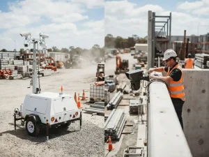 Witte mobiele beveiligingstrailer met camera's en technicus die permanent camerasysteem installeert op bouwplaats