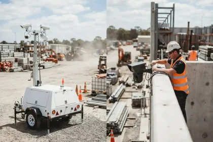 Witte mobiele beveiligingstrailer met camera's en technicus die permanent camerasysteem installeert op bouwplaats