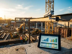Beveiligingscamera op gele bouwkraan boven bouwplaats met tablet die financiële grafieken toont tijdens gouden uur