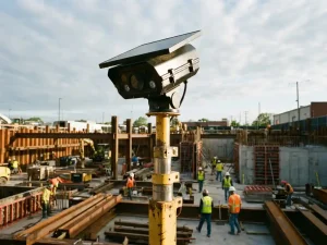 Mobiele beveiligingscamera op gele telescoopstang bewaakt actieve bouwplaats met arbeiders in helmen tussen betonnen funderingen