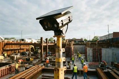 Mobiele beveiligingscamera op gele telescoopstang bewaakt actieve bouwplaats met arbeiders in helmen tussen betonnen funderingen