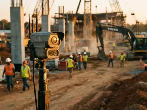 Beveiligingscamera op telescooppaal overloopt bouwplaats met arbeiders in helmen tussen betonstructuren en machines