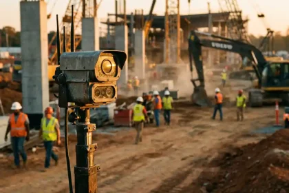 Beveiligingscamera op telescooppaal overloopt bouwplaats met arbeiders in helmen tussen betonstructuren en machines