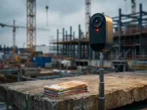 Mobiele beveiligingscamera op telescooppaal naast stapel eurobiljetten op betonnen ondergrond met bouwplaats op achtergrond
