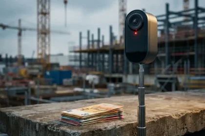 Mobiele beveiligingscamera op telescooppaal naast stapel eurobiljetten op betonnen ondergrond met bouwplaats op achtergrond