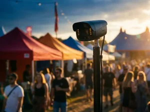 Zwarte beveiligingscamera op telescopische paal bewaakt kleurrijk festival met tenten en bezoekers tijdens gouden uur