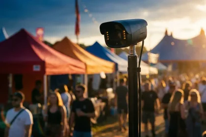 Zwarte beveiligingscamera op telescopische paal bewaakt kleurrijk festival met tenten en bezoekers tijdens gouden uur