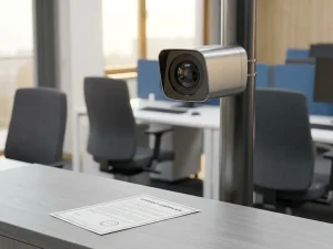 Professionele beveiligingscamera op metalen paal met garantiecertificaat op bureau in modern kantoor