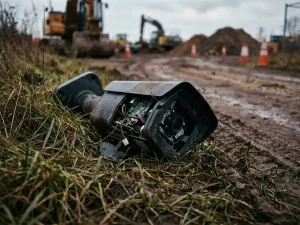 Gestolen beveiligingscamera met gebarsten behuizing ligt verlaten in hoog gras naast modderig bouwterreinpad