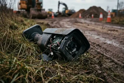 Gestolen beveiligingscamera met gebarsten behuizing ligt verlaten in hoog gras naast modderig bouwterreinpad