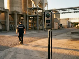 Beveiligingscamera op telescooppaal overloopt moderne industriële faciliteit terwijl bewaker wegloopt tijdens gouden uur