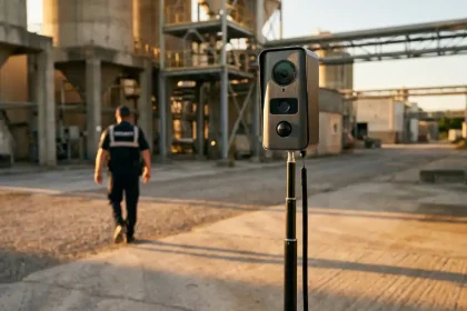 Beveiligingscamera op telescooppaal overloopt moderne industriële faciliteit terwijl bewaker wegloopt tijdens gouden uur