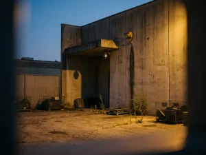 Beveiligingscamera gemonteerd op betonnen muur in industriële binnenplaats bij schemering met amberkleurige verlichting