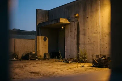 Beveiligingscamera gemonteerd op betonnen muur in industriële binnenplaats bij schemering met amberkleurige verlichting