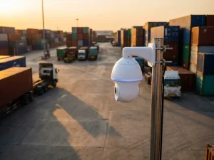 Witte beveiligingscamera op telescooppaal bewaakt industriële logistieke werf met containers en vrachtwagens