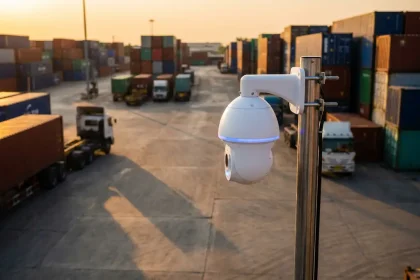 Witte beveiligingscamera op telescooppaal bewaakt industriële logistieke werf met containers en vrachtwagens