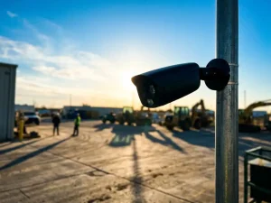 Beveiligingscamera op hoge paal in industriële zone met werknemers en voertuigen op de achtergrond