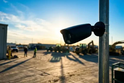 Beveiligingscamera op hoge paal in industriële zone met werknemers en voertuigen op de achtergrond