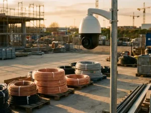 Witte beveiligingscamera op paal bewaakt koperen leidingen en kabels in industriële opslagyard met bouwplaats op achtergrond