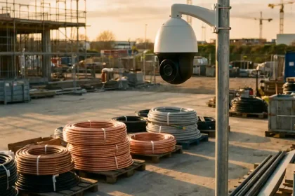 Witte beveiligingscamera op paal bewaakt koperen leidingen en kabels in industriële opslagyard met bouwplaats op achtergrond