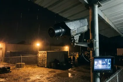 Professionele beveiligingscamera op paal bewaakt industriële binnenplaats bij nacht met regendruppels en amber verlichting