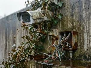 Verweerde beveiligingscamera op betonnen muur, half verborgen achter klimop met verwarde kabels en verroeste aansluitdoos