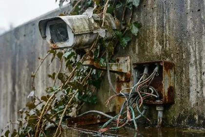 Verweerde beveiligingscamera op betonnen muur, half verborgen achter klimop met verwarde kabels en verroeste aansluitdoos