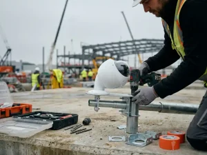 Technicus installeert witte beveiligingscamera op telescopische paal met gereedschap op betonnen oppervlak op bouwplaats
