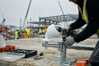 Technicus installeert witte beveiligingscamera op telescopische paal met gereedschap op betonnen oppervlak op bouwplaats