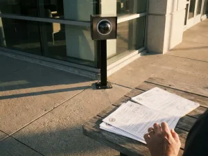 Professionele beveiligingscamera op zwarte paal bij moderne kantoorhoek met vergunningsdocumenten op tafel in warme middagzon