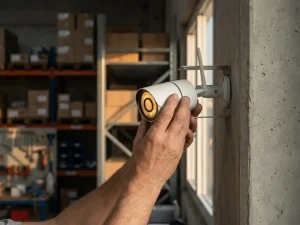 Handen verwijderen witte beveiligingscamera van muurbeugel in industriële magazijnomgeving met warme zonnestralen