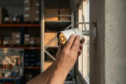 Handen verwijderen witte beveiligingscamera van muurbeugel in industriële magazijnomgeving met warme zonnestralen