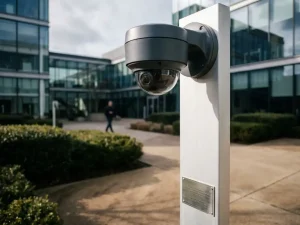 Professionele beveiligingscamera op witte paal in moderne kantoorcourtyard met glazen gebouwen en landschapsarchitectuur