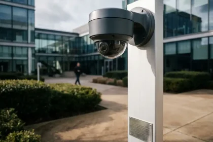 Professionele beveiligingscamera op witte paal in moderne kantoorcourtyard met glazen gebouwen en landschapsarchitectuur