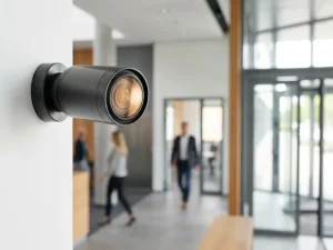 Zwarte beveiligingscamera gemonteerd op witte muurhoek met moderne kantoordeuren op achtergrond