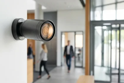 Zwarte beveiligingscamera gemonteerd op witte muurhoek met moderne kantoordeuren op achtergrond