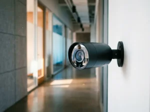 Zwarte beveiligingscamera gemonteerd op witte muur in moderne kantoorgang met natuurlijk licht door matglas panelen