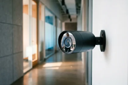Zwarte beveiligingscamera gemonteerd op witte muur in moderne kantoorgang met natuurlijk licht door matglas panelen