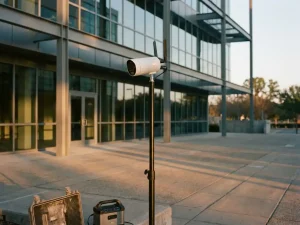 Witte beveiligingscamera op telescooppaal voor modern kantoorgebouw met glazen gevel tijdens gouden uur