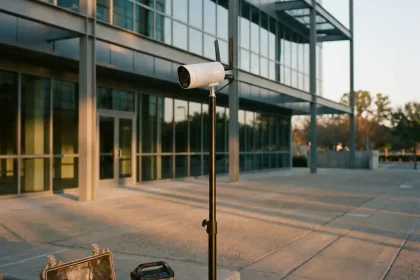 Witte beveiligingscamera op telescooppaal voor modern kantoorgebouw met glazen gevel tijdens gouden uur