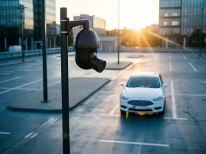 Zwarte beveiligingscamera op paal volgt automatisch witte sedan in moderne parkeergarage met scherpe kentekenherkenning