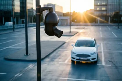 Zwarte beveiligingscamera op paal volgt automatisch witte sedan in moderne parkeergarage met scherpe kentekenherkenning