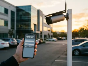 Mobiele beveiligingscamera op witte paal boven moderne bedrijfsparkeerplaats met kostencalculator op smartphone in voorgrond