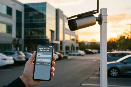 Mobiele beveiligingscamera op witte paal boven moderne bedrijfsparkeerplaats met kostencalculator op smartphone in voorgrond