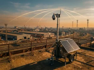 Professionele beveiligingscamera op metalen paal kijkt uit over industrieel landschap met zichtbare signaalverbindingen naar zendmasten