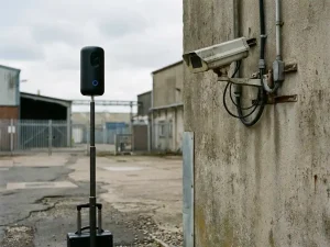 Zwarte mobiele beveiligingscamera op telescoopstang naast traditionele vaste CCTV-installatie in industriële binnenplaats