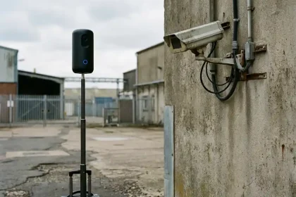 Zwarte mobiele beveiligingscamera op telescoopstang naast traditionele vaste CCTV-installatie in industriële binnenplaats