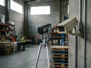 Moderne beveiligingscamera op draagbare standaard naast traditionele vaste camera-installatie in industriële magazijnomgeving